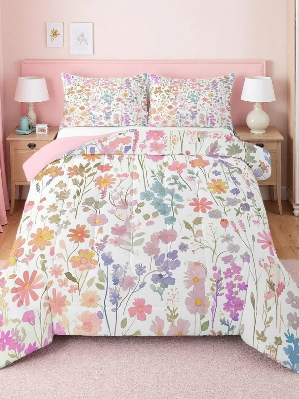 Cute Pink Floral Twin Bedding Set for Girls Kids Women,Colorful Boho Flower Comf